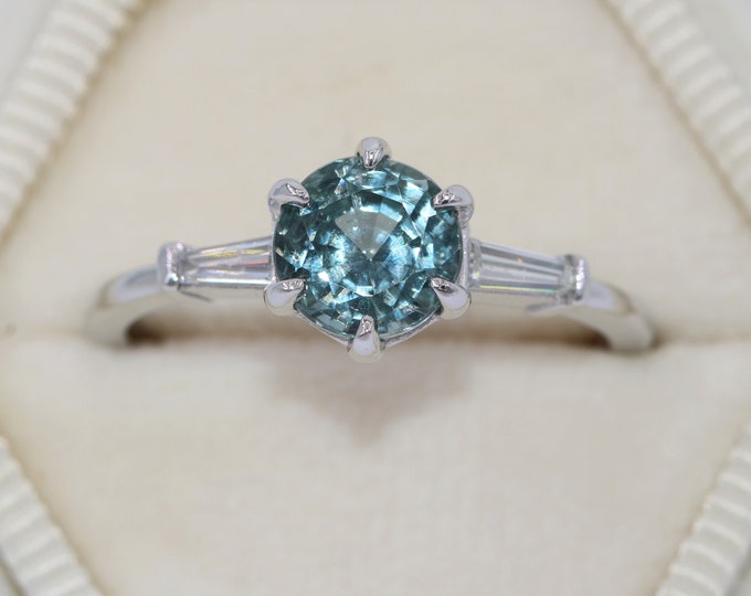 Featured listing image: Three Stone Ring Montana Sapphire Ring, SETTING ONLY, Custom Made Teal Sapphire Ring, Baguette Diamond Vintage Style Ring, 3 stone Ring
