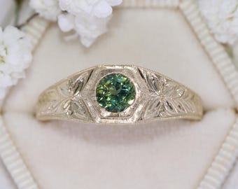 Hand Engraved Teal Green Natural Sapphire Engagement Ring Hexagon Frame Bezel Set