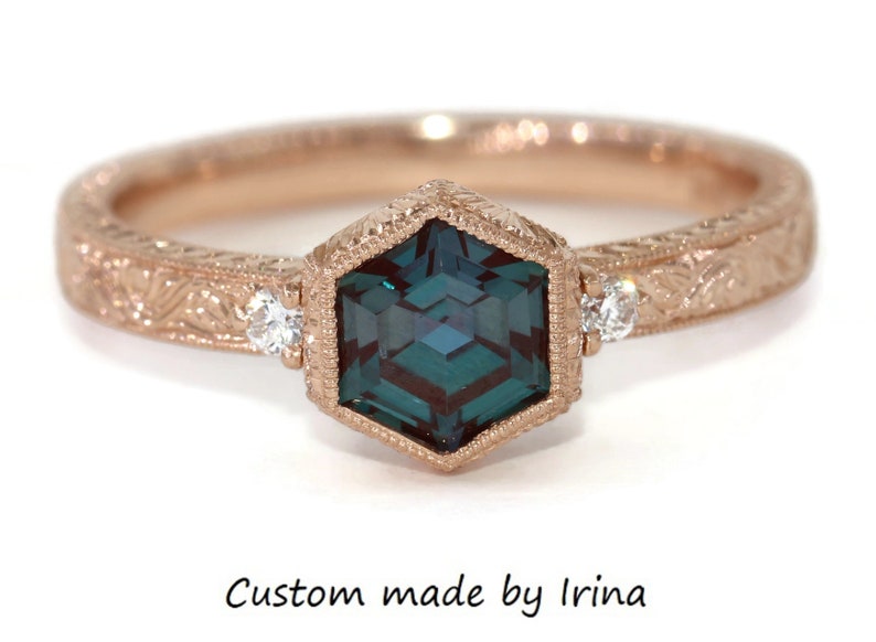 Hand Engraved Hexagon Fine Engagement Ring and Wedding Band set.