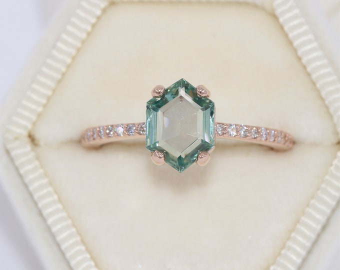 Featured listing image: Hexagon Teal Green Sapphire Ring With Pave Diamond Shank