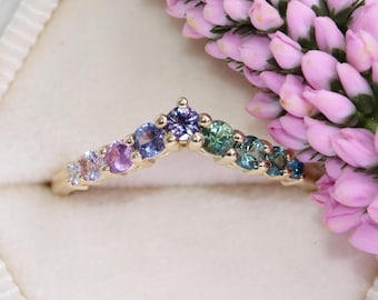 Pink Purple Green Teal Blue Ombre Cluster Sapphires and Diamond Flair Ring