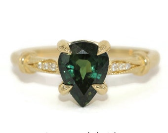 2 carat Pear Olive Green Sapphire Vintage Style Pattern Ring