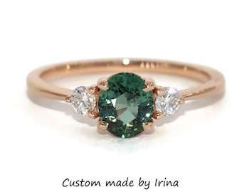 1.2 carat Oval Teal Blue Green Unheated Natural Sapphire 3 Stone Engagement Ring