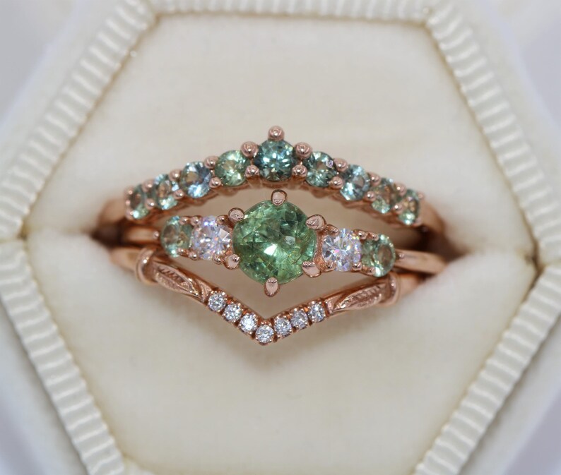 Green Montana Sapphire Five Stone Rings Set.