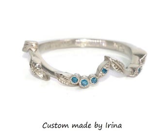 Custom-made Engraved Leaves Intricate Wedding Ring with Natural Teal Blue Diamonds