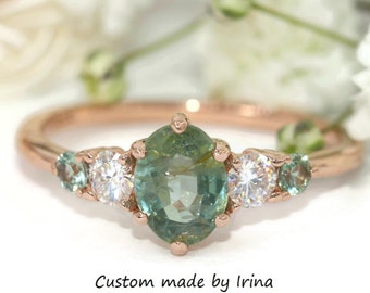 1 carat Parti Blue Green Oval Montana Sapphire 5 Stone Ring