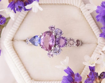 One Of A Kind Ombre Cluster 1 carat Oval Pink Sapphire Ring with Celestial Half-Moon Crescent Halo