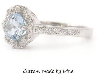 Vintage Style Inspired Aquamarine Engagement Ring, Wedding Flower Ring, Diamond Ring, White Gold Promise Ring