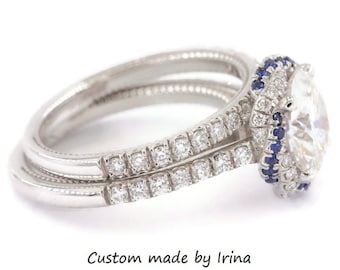 2 carat Moissanite Engagement Rings Set with Diamonds and Sapphires Braided Halo