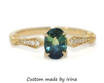 Parti Sapphire Engagement Ring, Blue Green Sapphire Ring, Custom 14k Vintage + Edwardian Style Inspired Ring