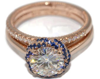 8 mm Moissanite Engagement Rings Set with Rope Sapphires Double Halo