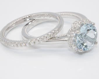 2 carat Aquamarine Engagement Rings Set with Double Diamond Rope Halo