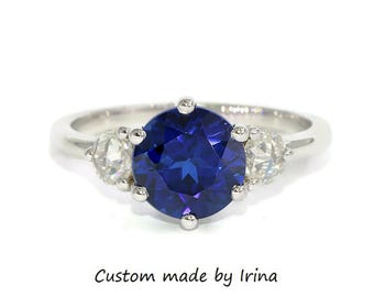 Three Stone Rose Cut Natural Diamond + 8 mm Lab Sapphire Ring 14k White Gold