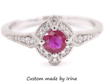 Custom-made Natural Ruby and Diamonds Delicate Engagement Ring
