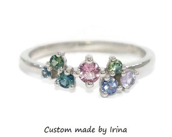Scattered Natural Sapphires Colorful Cluster Ring Custom Made