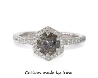 1 carat Dark Salt and Pepper Hexagon Natural Diamond Engagement Ring