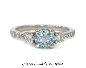 Custom Made 3 Stone Natural Aquamarine Engagement Ring