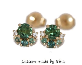 Ombré Cluster Blue Green Natural Sapphires and Diamonds Halfmoon Stud Earrings 14k Solid Gold
