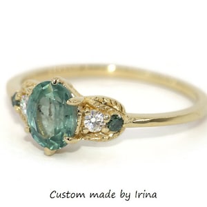 Bague feuille gravée à la main en saphir du Montana non chauffé bleu-vert sarcelle d&#39;hiver de 1 carat