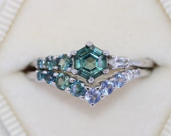 1 carat Cluster Green Blue Ombre Hexagon Natural Sapphire Engagement Rings Set