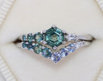 Cluster Green Blue Ombre Hexagon Natural Sapphire Engagement Rings Set