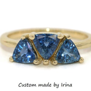 3 stone Blue Trillion Sapphire Cluster Ring