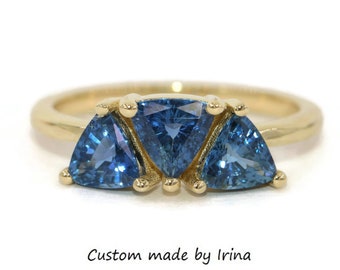 3 stone Trillion Sapphire Ring