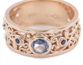 8 mm Wide Natural Sapphire Cigar Vine Leaf Wedding Engagement Ring