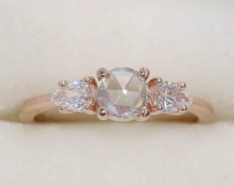 Rose Cut Natural Diamond Three Stone Ring