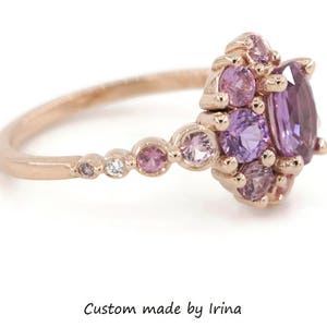 14k Rose Gold One Of A Kind Ombre Cluster 1 carat Oval Pink Sapphire Ring with Celestial Half-Moon Crescent Halo