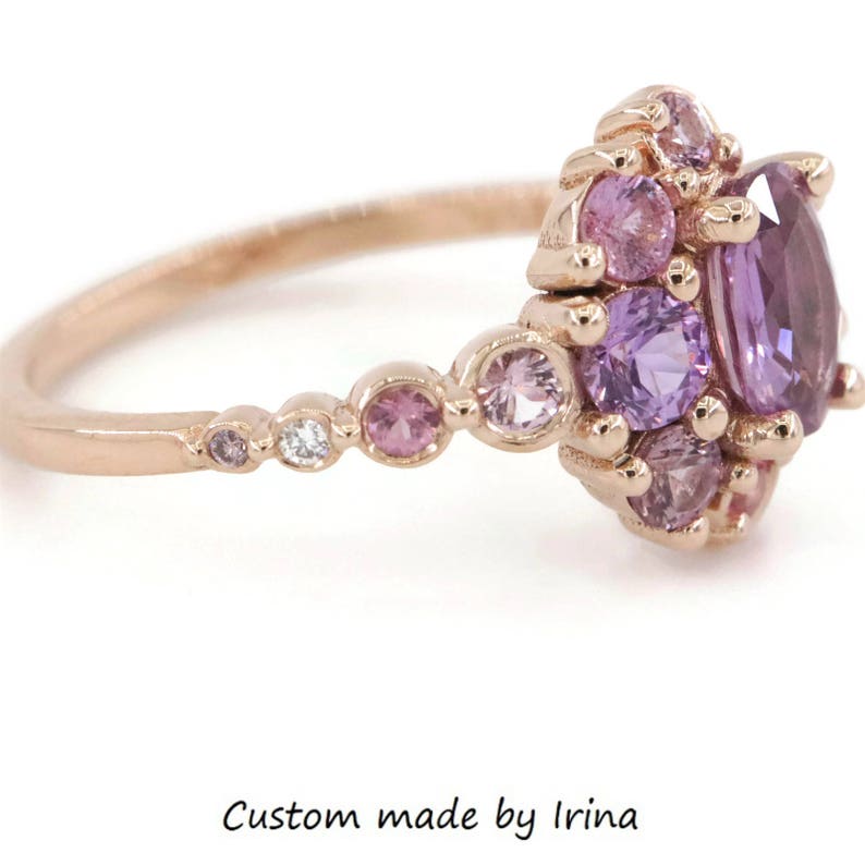 14k Rose Gold One Of A Kind Ombre Cluster 1 carat Oval Pink Sapphire Ring with Celestial Half-Moon Crescent Halo