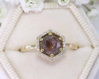 Custom Made 1.5 carat Hexagon Natural Diamond Halo Rustic Low Set Ring