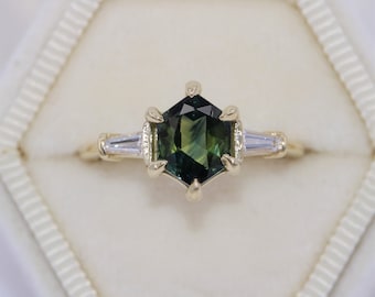1.5 carat Hexagon Blue Green Natural Sapphire + Baguette Natural Diamond 3 Stone Ring