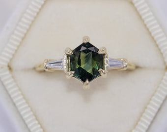 Hexagon Blue Green Sapphire 3 Stone Ring With Baguette Diamond Stones