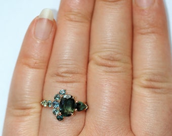 2 carat Blue Green Half Moon Crescent Ombre Cluster Engagement Ring