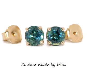 1.28 ct Blue Green Bi-color Sapphire Stud Earrings 14k Yellow Solid Gold: Ready to ship