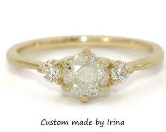 5.7 mm Salt and Pepper Natural Diamond 3 Stone Engagement Ring 14k Yellow Solid Gold