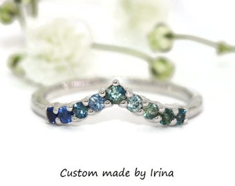 Custom Made Blue Green Ombre Cluster V Shape Wedding Band