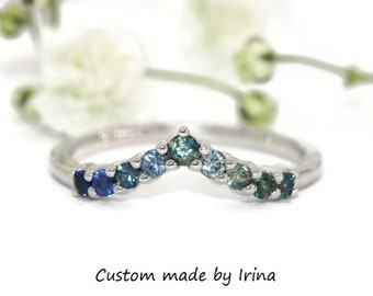 Teal Blue Green Ombre Cluster Chevron V Shape Wedding Band