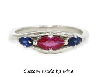 3 Stone Bypass East West Marquise Ruby and Sapphire Ring