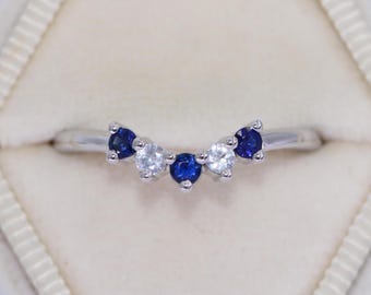 Curved 5 Stone Cluster Band with Alternating Blue and White Natural Sapphire