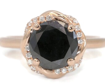 3 carat Black Natural Diamond Engagement Ring with Rope Diamond Halo Custom Made 14k Solid Gold