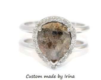 2 carat Teardrop Rose Cut Rustic Gray Diamond Cage Ring