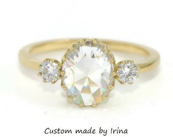 Certified 1 carat Rose Cut Lab Diamond 3 Stone Ring Vintage Inspired Custom Made