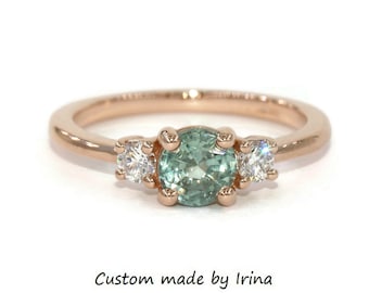 Custom Made Blue Green Montana Natural Sapphire + Natural Diamonds Three Stone Engagement Ring