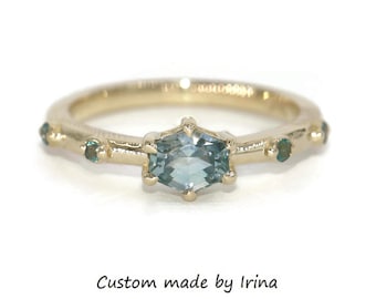 Custom Made Teal Blue Green Hexagon Natural Sapphire and Alexandrite 5 Stone Ring