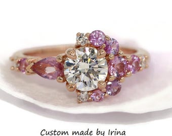 1.5 carat IGI Certified Lab Diamond Engagement Ring with Ombre Cluster Crescent Halo