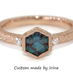 2 carat Hand Engraved Hexagon Engagement Ring and Wedding Band by Irina