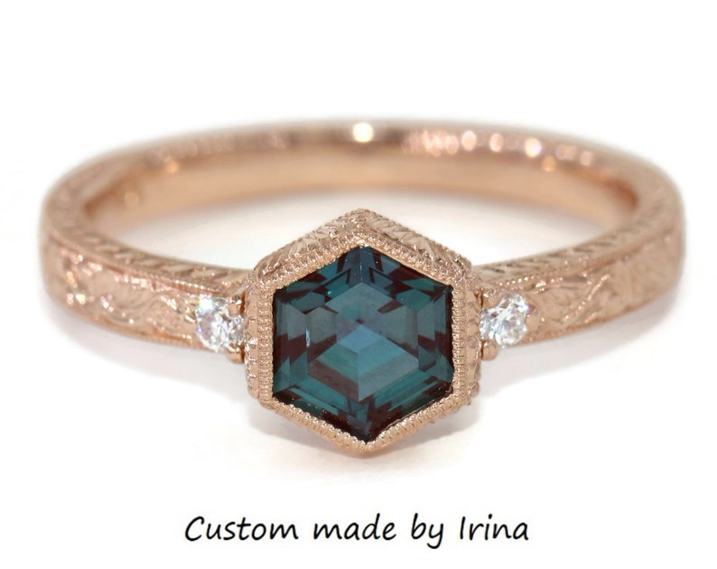 2 carat Hand Engraved Hexagon Engagement Ring and Wedding Band by Irina