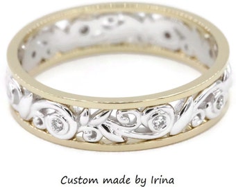 Rustic Vine Leaf Scroll Pattern Foliage Wedding Eternity Mixed Gold Ring